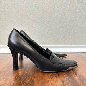 ESCADA Square Toe Gold Accent Black Leather Pump Heels ITALY MADE